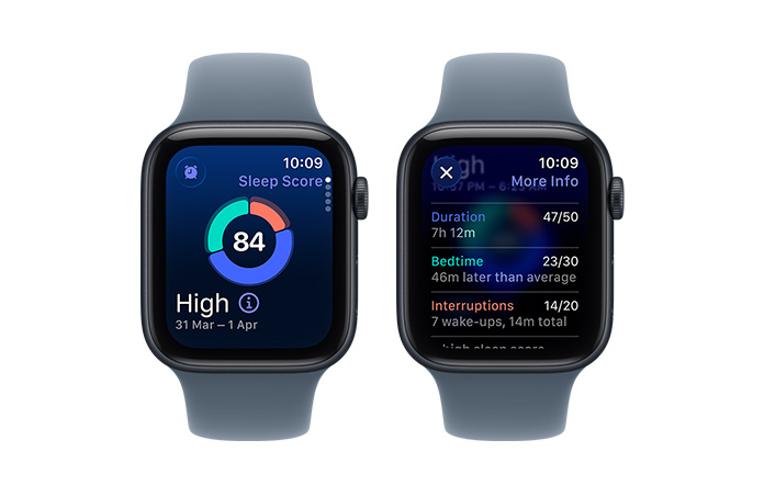Apple Watch SE 3, sleep score, circle graph and score number, sleep stages analyses awake, REM, core and deep sleep stages