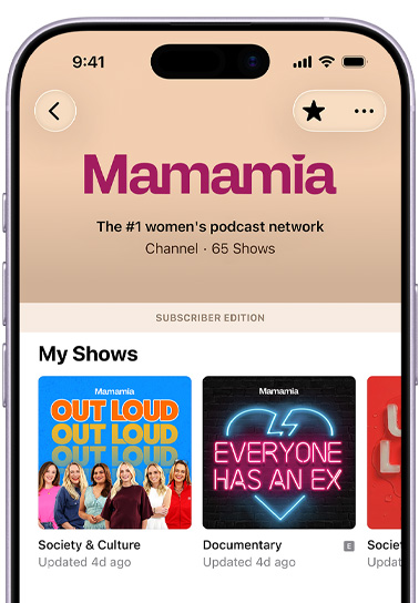 iPhone, front exterior, screen shows The New York Times channel in Apple Podcasts, text below reads: 