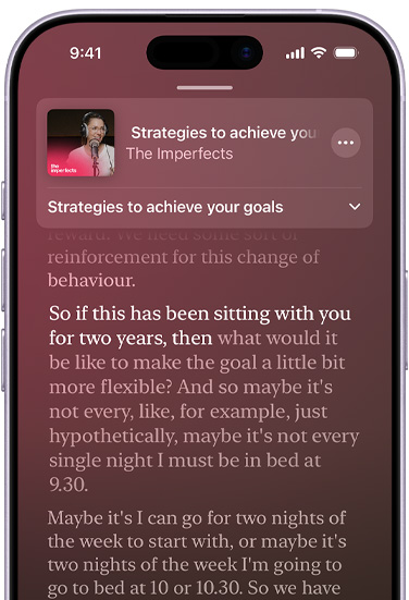 iPhone, front exterior, screen shows a transcript in Apple Podcasts for an episode called Hot Dog from the podcast This is Love, hosted by Phoebe Judge, highlighted text in the transcript reads: 