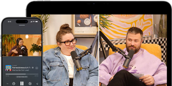 A video podcast episode playing on screen in Apple Podcasts
