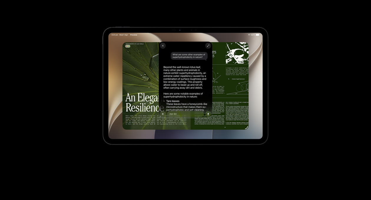 iPad Pro 11, Space Black, screen shows result of query to Siri AI for information about a topic, overlaid with query to Siri AI about the retrieved information, Siri response appears