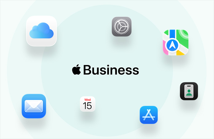 Apple Business, surrounded by app icons: iCloud, Maps, AppleCare, Mail, Calendar, App Store, Apple Business app