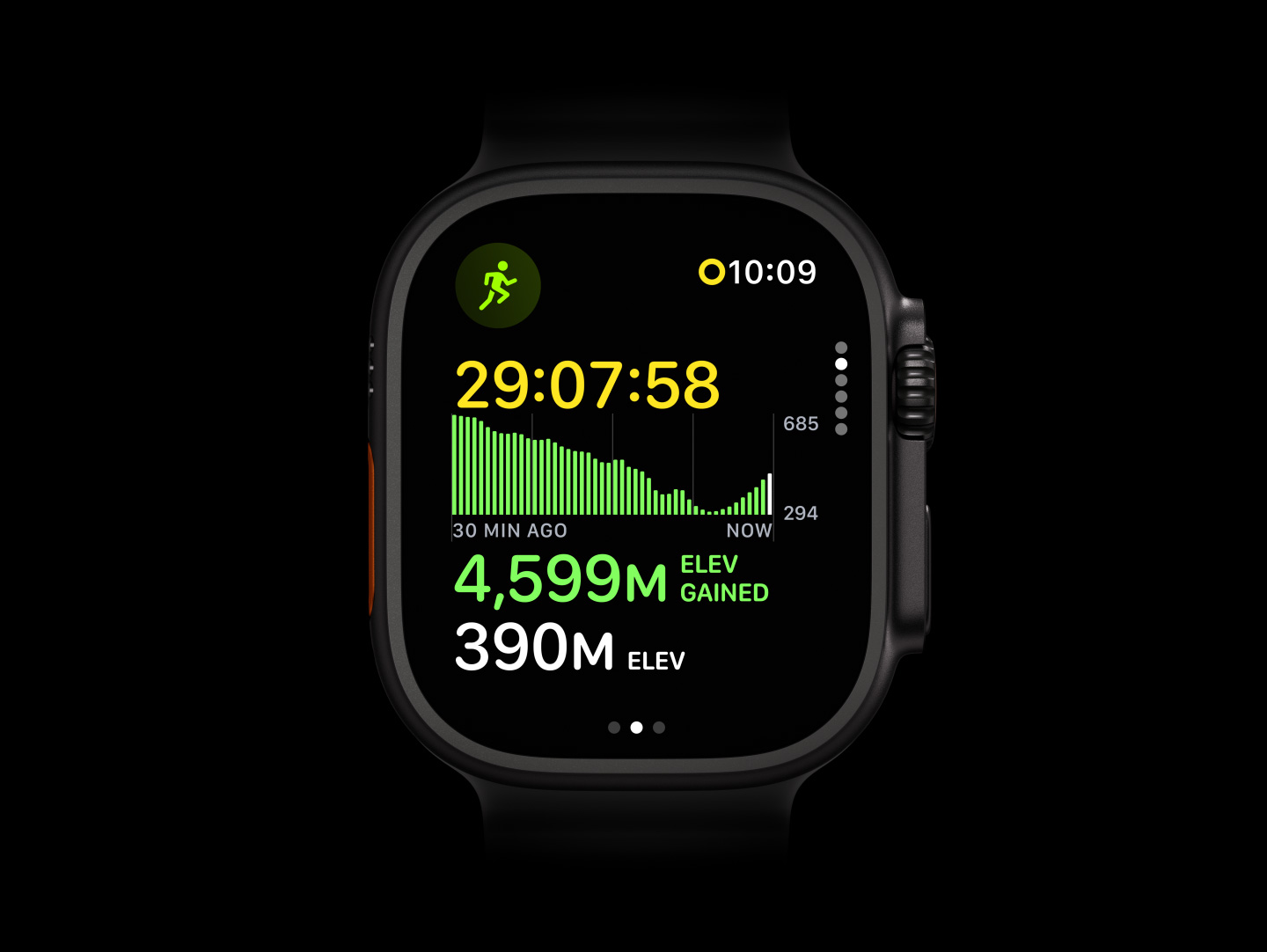 Apple Watch Ultra 4 z kopertą z tytanu w kolorze czarnym, na tylnej części zegarka system monitorowania zdrowia i świecące zielone diody LED