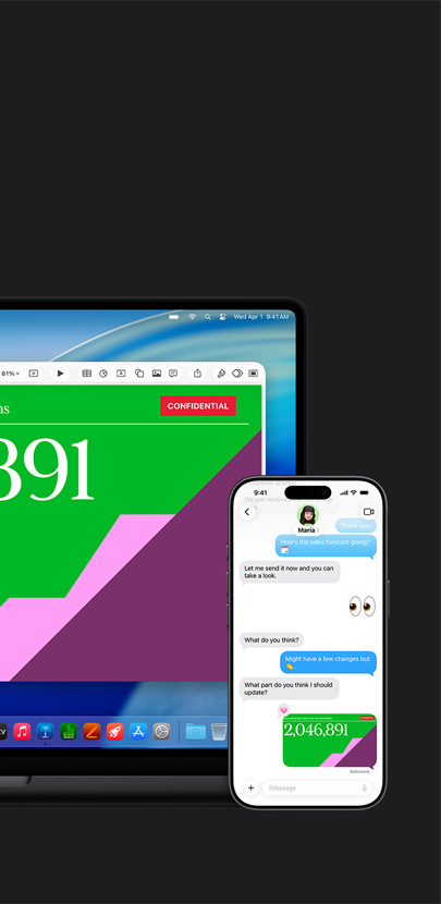 Prezentacja wyświetlana na Macu. Przed komputerem Mac znajduje się iPhone z rozmową tekstową i wspólną prezentacją.