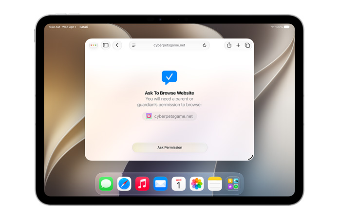 iPad wyświetlający interfejs funkcji Proś o dostęp. Widoczny komunikat, że przeglądanie wymaga pozwolenia, a także przycisk „Poproś o zgodę”.