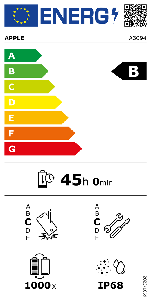 Etykieta energetyczna UE, kod QR i informacje, model Apple A3094, klasa B, klasy efektywności energetycznej (w skali od A do G), od A (najwyższa efektywność) do G (najniższa efektywność), trwałość baterii na cykl, 45 godzin i 0 minut na pełne naładowanie baterii, wytrzymałość na spadki swobodne wielokrotne klasy C, od A (największa solidność) do E (najmniejsza solidność), możliwość naprawy klasy C, od A (największa możliwość naprawy) do E (najmniejsza możliwość naprawy), trwałość baterii w cyklach 1000, ochrona przed wnikaniem pyłu i wody (IP) klasy IP68, rozporządzenie 2023/1669