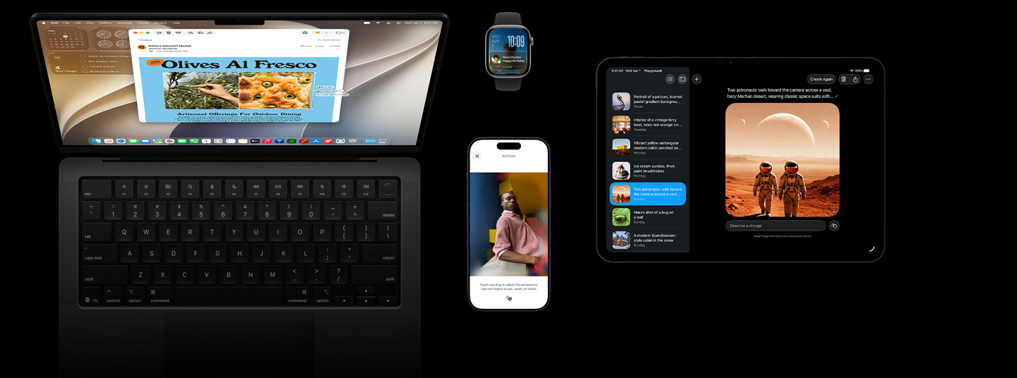 Cztery produktów, iPhone 17 Pro w kolorze głębinowego błękitu, Apple Vision Pro, Apple Watch Series 11 42 mm w kolorze gwiezdnej szarości, 14-calowy MacBook Pro w kolorze gwiezdnej czerni i iPad Pro 11 w kolorze gwiezdnej czerni