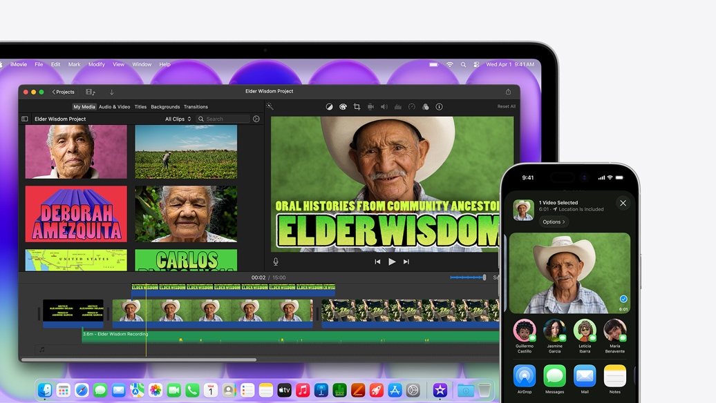 MacBook Neo w kolorze srebrnym, widać okno aplikacji iMovie i tytuł Elder Wisdom Project, obok iPhone pokazujący wideo jednej z osób przedstawionych w oknie iMovie, pod filmem znajduje się lista opcji udostępniania, w tym AirDrop