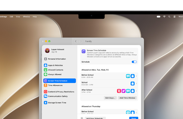 Na ekranie MacBooka Pro w Ustawieniach widać opcje Limity czasowe i Harmonogram czasu przed ekranem pozwalające ustawić limity czasu i kategorie multimediów dla dziecka