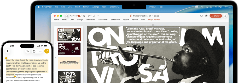 iPhone 16 Plus cu text evidențiat în aplicația Notițe, Macbook Air cu o prezentare Keynote deschisă, în care este vizibil text din aplicația Notițe