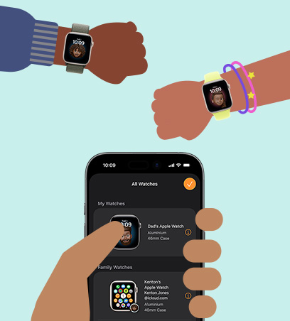 Apple Watch for Your Kids, cartoon drawing, kids’ wrists wearing Apple Watch SE 3 paired to iPhone in parent’s hand
