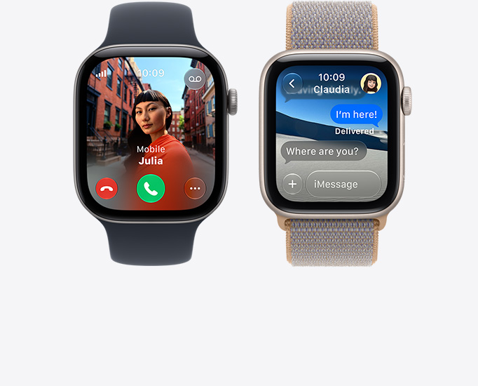 Apple Watch Series 12 devices, screens: incoming call, contact photo, accept and decline call buttons, iMessage conversation, straps: Sport Band, black colour, Sport Loop, chambray blue colour (light blue-grey)