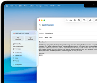 MacBook Air screen showing Apple Intelligence Writing Tools composing an email