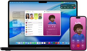 MacBook Pro and iPhone 16 Plus, Phone app open, same contact displayed on both screens