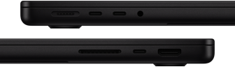 Porty na MacBooku Pro – ľavá strana: MagSafe 3, dva porty Thunderbolt a konektor na slúchadlá – pravá strana: slot na kartu SDXC, jeden port Thunderbolt a port HDMI