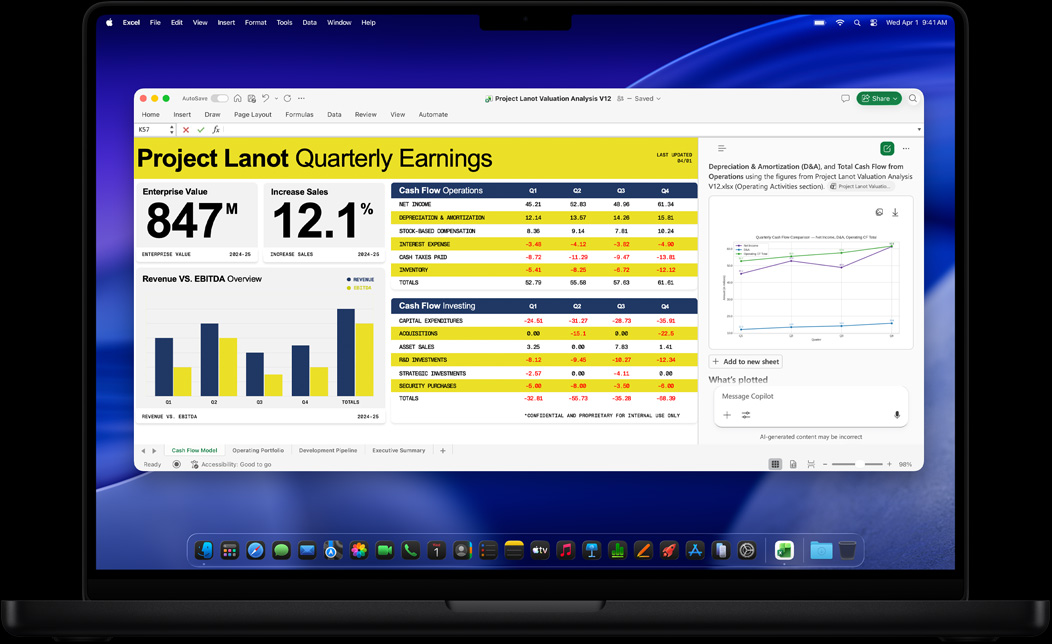 หน้าจอ MacBook Pro แสดงการใช้ Excel เพื่อสร้างรายงานผลประกอบการรายไตรมาส