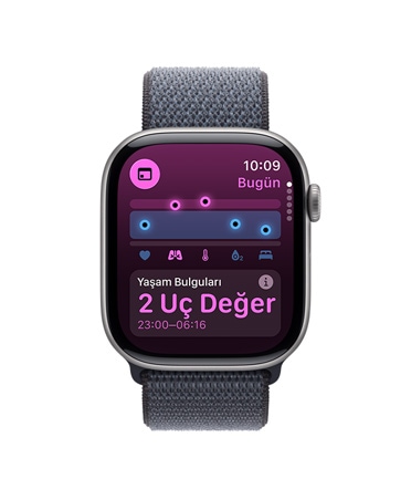 Apple Watch Series 11, uzay grisi renk, alüminyum kasa, Yaşam Bulguları uygulaması, sağlık skoru grafiği, gece boyu ölçülen yaşam bulguları uç değerler bildirimi, sağ dış görünüm, Digital Crown, Spor Loop, koyu gri renk