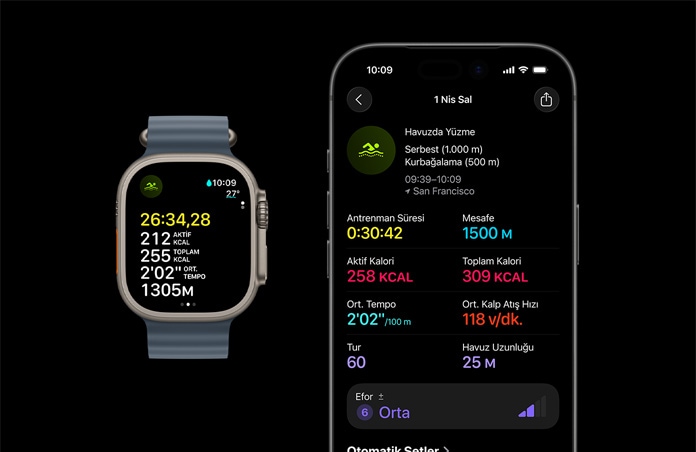 Apple Watch Ultra 3, natürel renk, titanyum kasa, Havuzda Yüzme antrenmanı ölçümleri, detaylı analiz saatle eşleştirilmiş iPhone’da