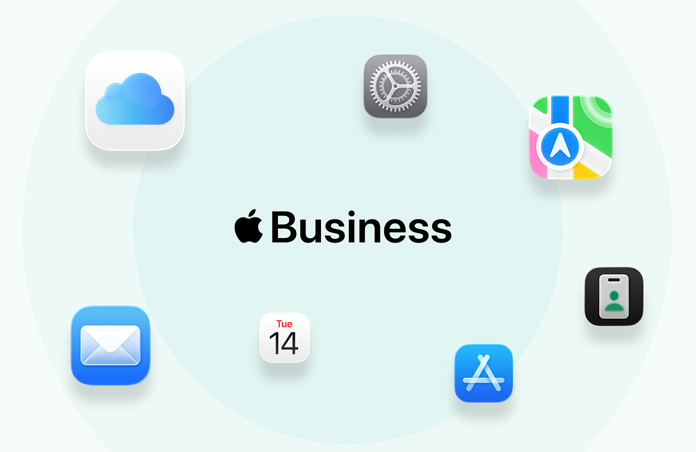 Apple Business’ın etrafında uygulama simgeleri: iCloud, Haritalar, AppleCare, Mail, Takvim, App Store, Apple Business uygulaması