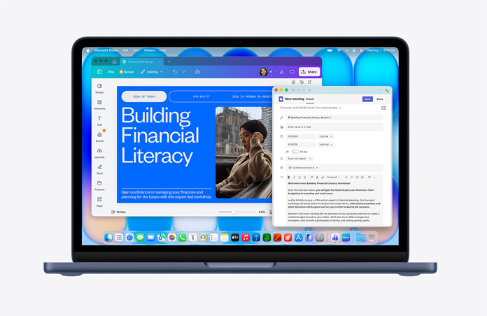 Gece yarısı rengi MacBook Neo, ekranda bir kişinin görseli, açık bir mail taslağı, çeşitli simgeler içeren menü çubuğu, altta uygulama simgelerinin bulunduğu Dock ile “Building Financial Literacy” başlıklı bir web sayfası gösteriliyor