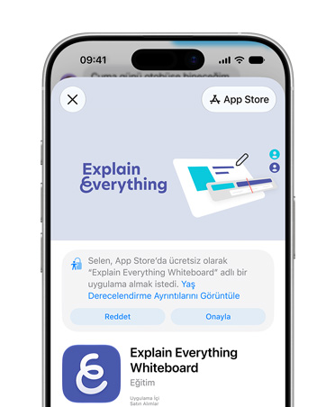 App Store’da Explain Everything Whiteboard ürün sayfasını gösteren iPhone, kullanıcıya Çocuk Hesabı için erişimi reddetme veya onaylama seçeneği sunuyor.