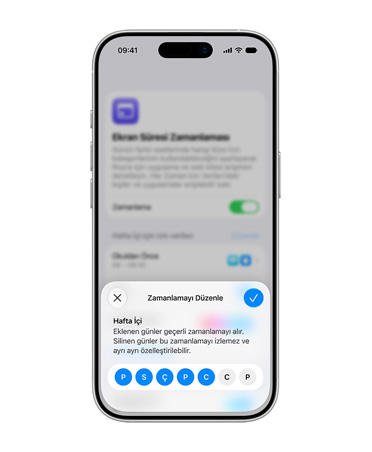 iPhone’da planlama arayüzü gösteriliyor, kullanıcıya Çocuk Hesabı için süre izni düzenleme seçeneği sunuluyor.
