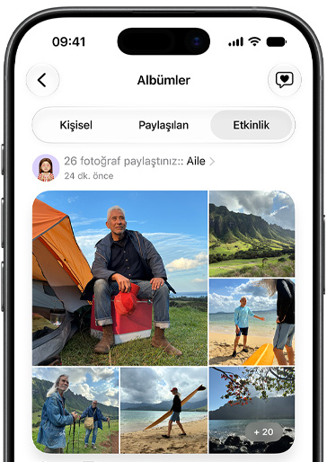 Bir iPhone’da Albümler ekranındaki Aktivite sekmesi seçili, Paylaşılan Albüm’de Hawaii aile gezisinden fotoğraflar gösteriliyor
