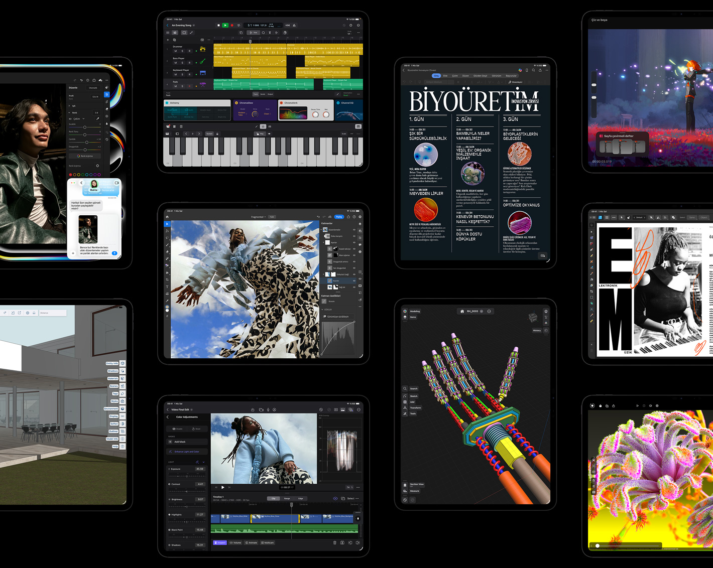 On adet iPad Pro ekranında iPadOS arayüzü ve Logic Pro, Adobe Lightroom, Adobe Photoshop, Trimble SketchUp, Microsoft Word, Procreate Dreams, Affinity Designer 2, Shapr3D gibi farklı uygulamalarda açılmış yaratıcı projeler gösteriliyor