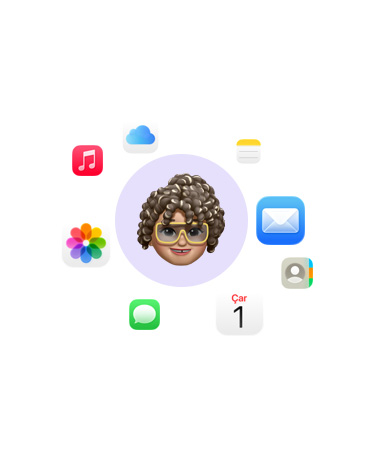 Gülümseyen yüz emoji’sinin etrafını çevreleyen çeşitli uygulama simgeleri: Müzik, iCloud Drive, Notlar, Mail, Kişiler, Takvim, Mesajlar ve Fotoğraflar