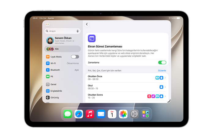 iPhone 17 Pro, Gümüş rengi, ekranında Ayarlar’daki Time Allowance ve Screen Time Schedule seçenekleri ile çocuğu için zaman ve medya kategorileri izinleri ayarlanıyor.