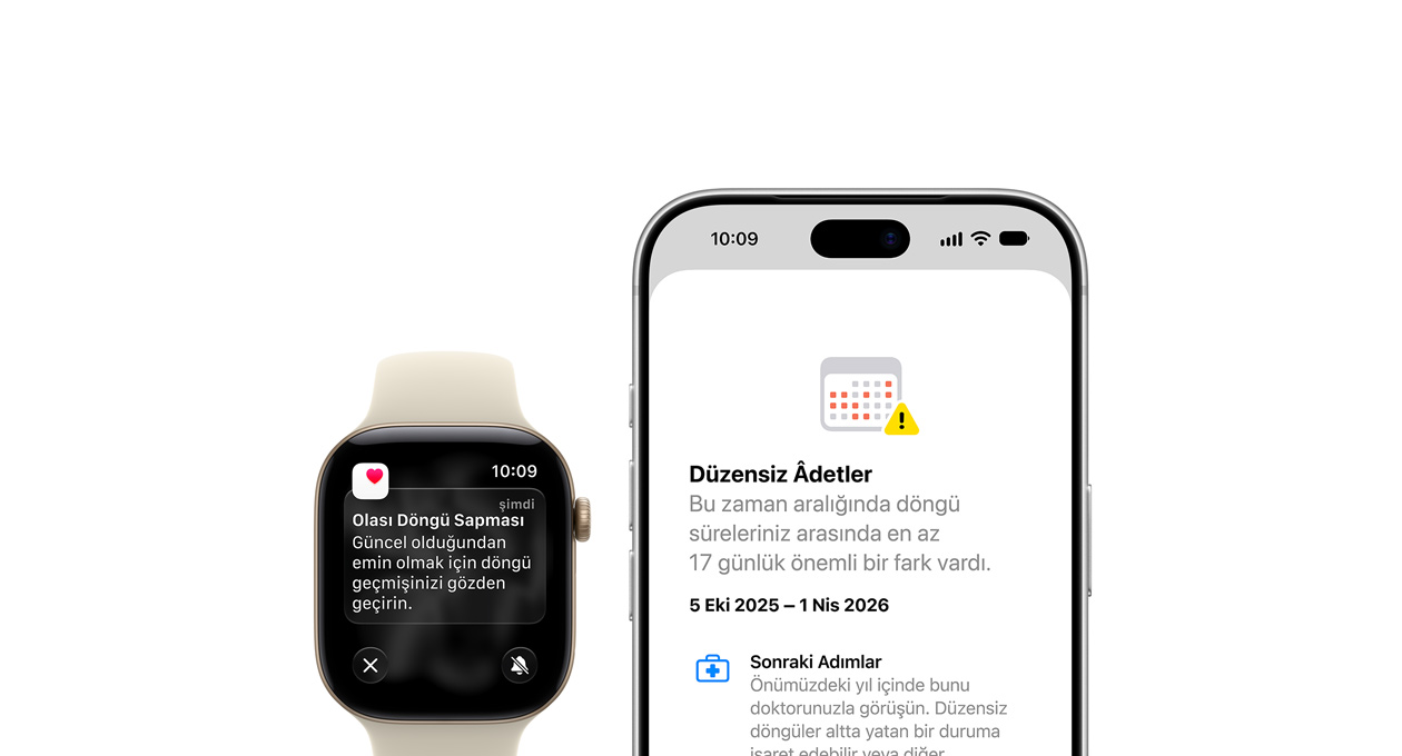 Apple Watch Series 12’nin ekranında Sağlık Uygulaması’ndaki Döngü İzleme özelliğinden gelen Olası Döngü Sapması bildirimi gösteriliyor, Uçuk Altın Rengi Alüminyum kasa ve Kum Beji Spor Kordon, yanında iPhone 18 Pro