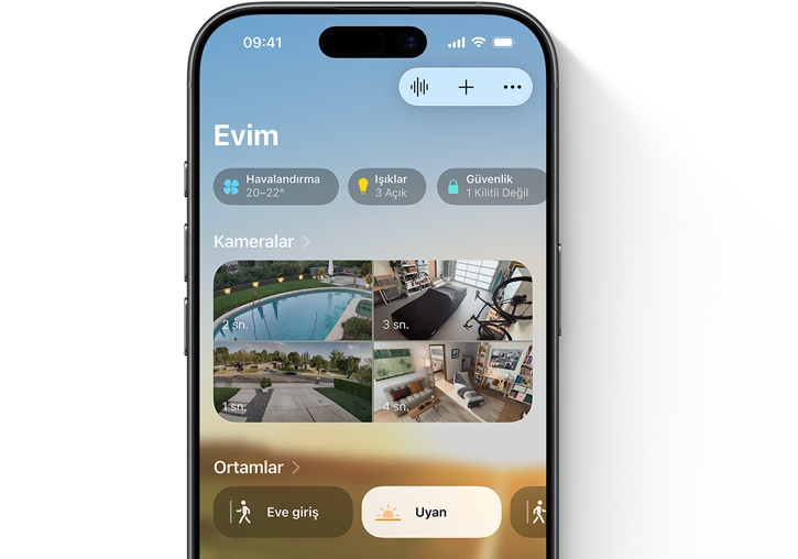 Ev uygulamasındaki "Evim" arayüzünü gösteren bir iPhone
