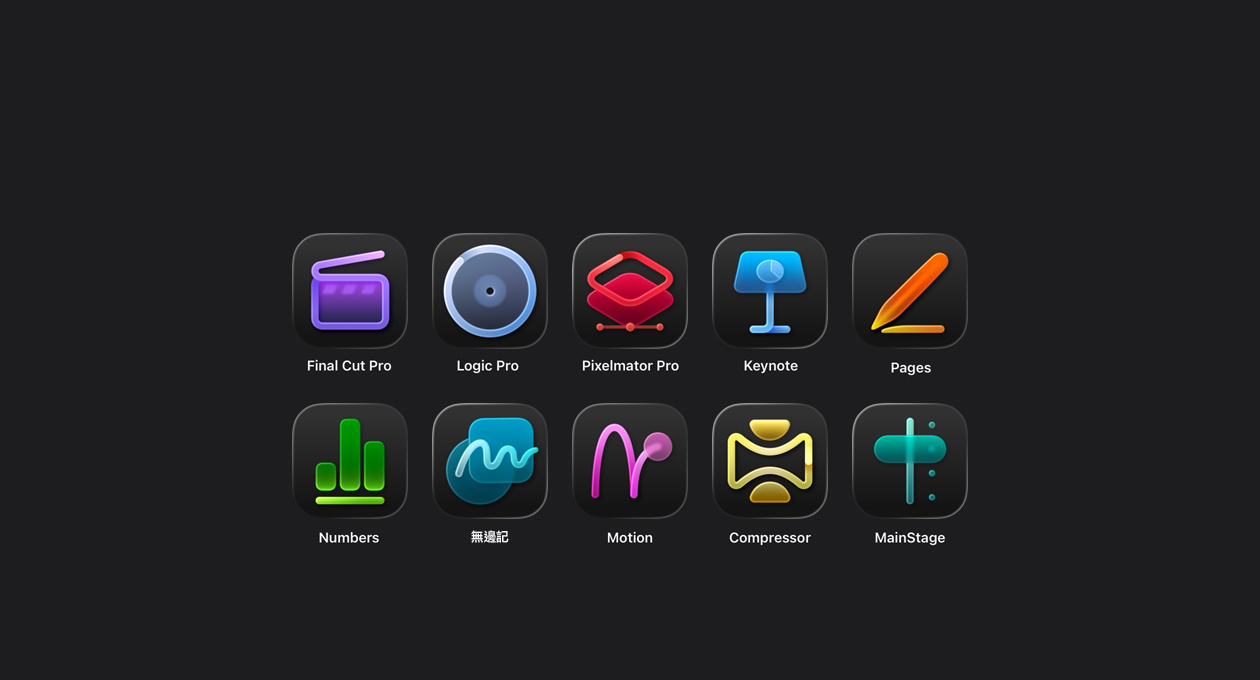 各種 Apple 創作坊 app 圖像，包括 Final Cut Pro、Logic Pro、Pixelmator Pro、Keynote、Pages、Numbers、無邊記、Motion、Compressor 與 MainStage