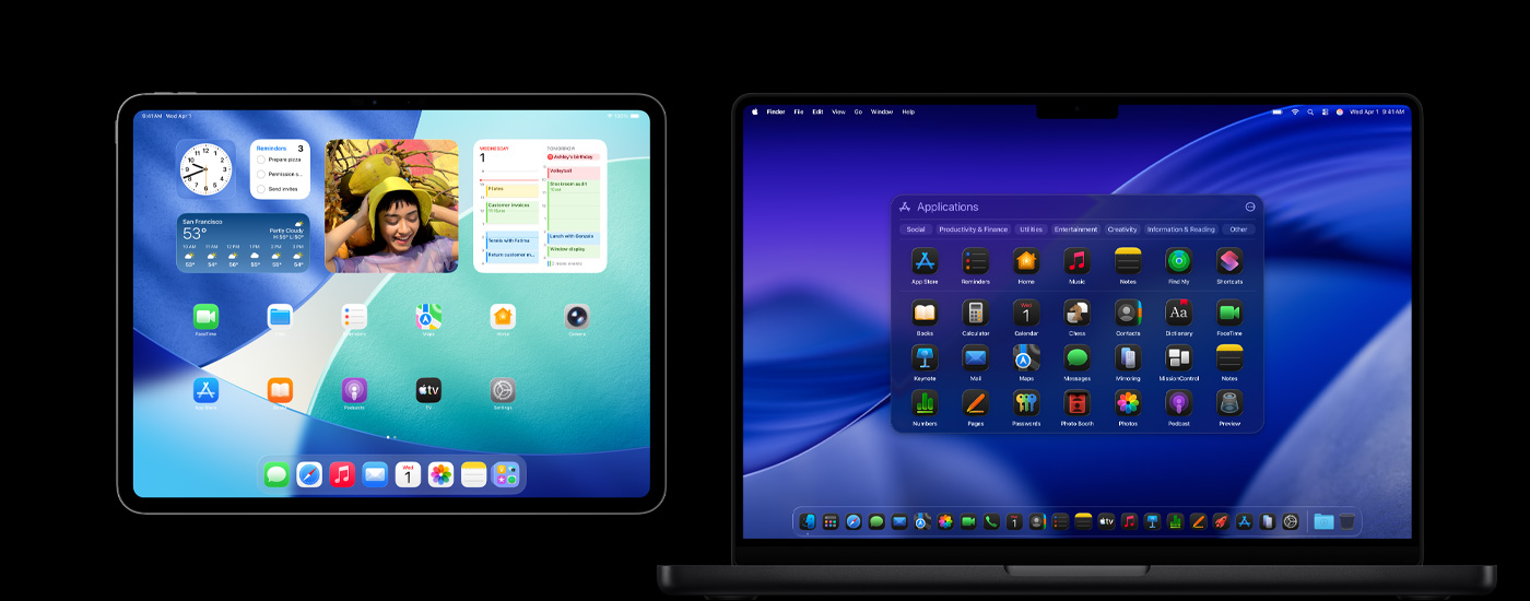 一部 iPad 和一部 Mac 顯示各種 app 圖像。其中 iPad 顯示多個小工具，包括行事曆、天氣和照片。Mac 背景為 macOS Tahoe。