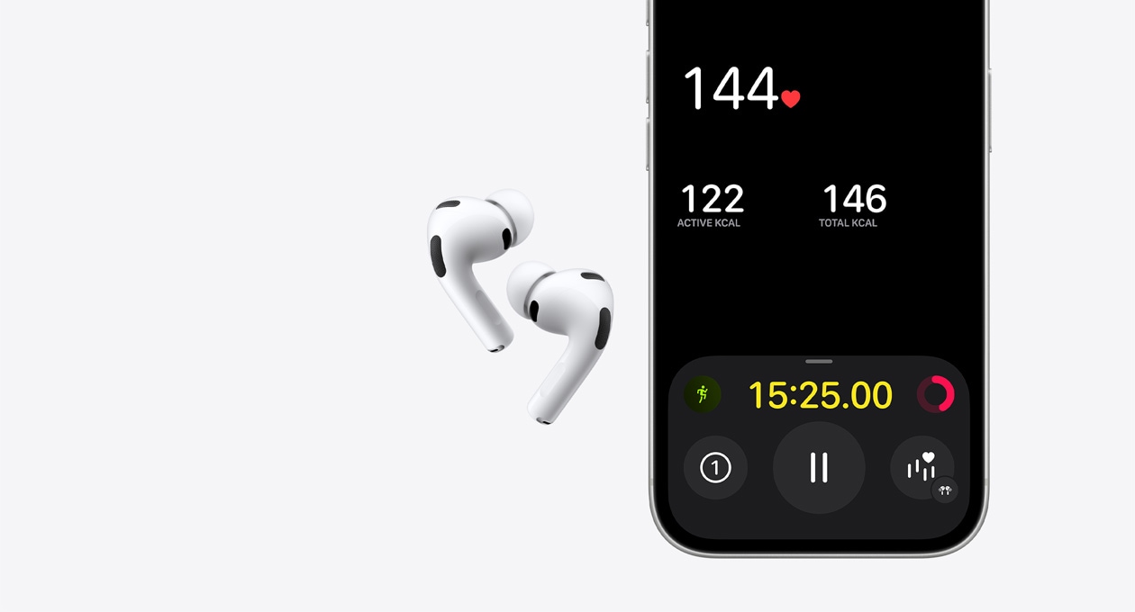 AirPods Pro 3, білий колір, нижня половина екрана iPhone 17 Pro, додаток «Фітнес», функція відстеження серцевого ритму
