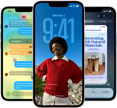 На трьох пристроях iPhone 17e відображається додаток «Повідомлення» з дизайном Liquid Glass, динамічним замкненим екраном та візуальним інтелектом