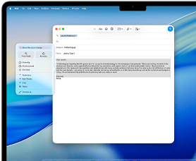 На екрані MacBook Air показано функцію Apple Intelligence «Засоби письма» під час написання електронного листа