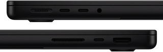 Показано порти на MacBook Pro — ліворуч: MagSafe 3, два порти Thunderbolt і порт для навушників — праворуч: слот для карт SDXC, один порт Thunderbolt і HDMI