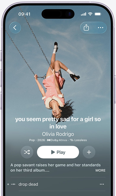 iPhone screen displaying the Olivia Rodrigo album "you seem pretty sad for a girl so in love" on Apple Music