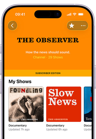 iPhone, front exterior, screen shows The New York Times channel in Apple Podcasts, text below reads: “How the news should sound”, 42 shows, a Subscriber Edition banner sits above a My Shows section featuring “Modern Love”, the “Wirecutter Show” and a partially visible third show, each categorised under Society & Culture
