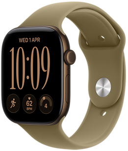 Apple Watch Series 12, aluminium case, dark bronze colour, Modular Compact watch face, complications: day and date, Run workout, heart rate, readiness, right side exterior, Digital Crown, side button, Sport Band, olive colour