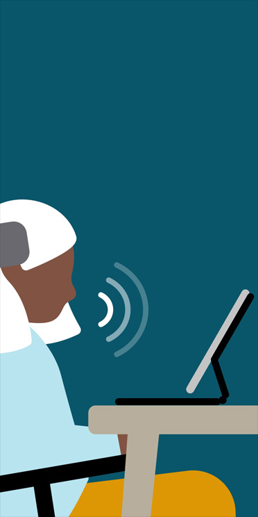 Illustration of side profile of a woman in a power wheelchair, speaking to an iPad in a Smart Folio on a desk