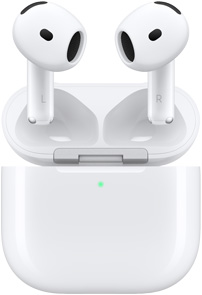 Otevřené nabíjecí pouzdro AirPodů 4, nad ním se vznášejí AirPody.