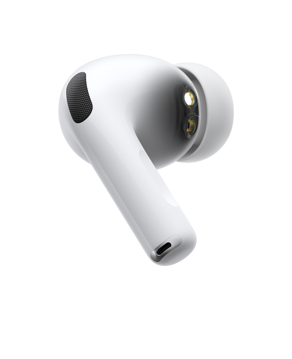 AirPods Pro 3 白色無線耳筒的側面外觀、管形短耳筒柄、消噪咪高風、矽膠耳塞，發出跳動聲波