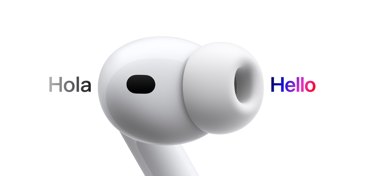 AirPods Pro 3，配備矽膠耳塞的耳筒，即時翻譯功能將西班牙文的「hola」翻譯成英文的「hello」