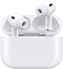 AirPods Pro 3 et étui de recharge MagSafe (USB-C), extérieur arrondi de l’étui, voyant d’alimentation à DEL, couvercle de l’étui ouvert, couleur blanche, écouteurs sans fil avec embouts en silicone, lettres L et R inscrites à l’intérieur des tiges