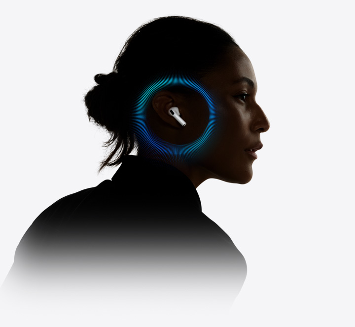 一個人戴著 AirPods Pro 3，聲波圍繞一邊耳朵