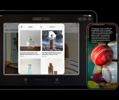 Siri AI displaying visuals of glass vases on iPad 11 Pro, and text about sports equipment on iPhone 17 Pro.