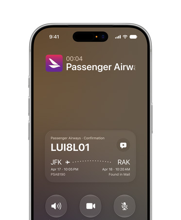 iPhone 17 Pro Silver displaying Call Context feature powered by Apple Intelligence. Front screen shows airline confirmation details while on a call.
