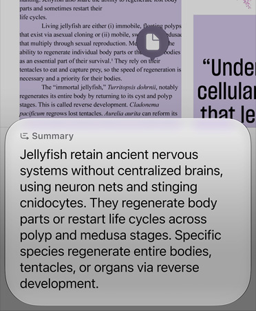 A screenshot of Image Search being used to summarize a few paragraphs of  an article about jellyfish biology